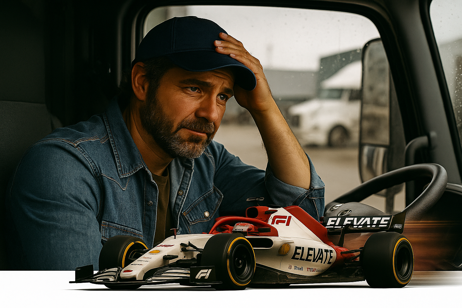 Concerned truck driver in cab—stuck in the same cycle, ready for a better plan